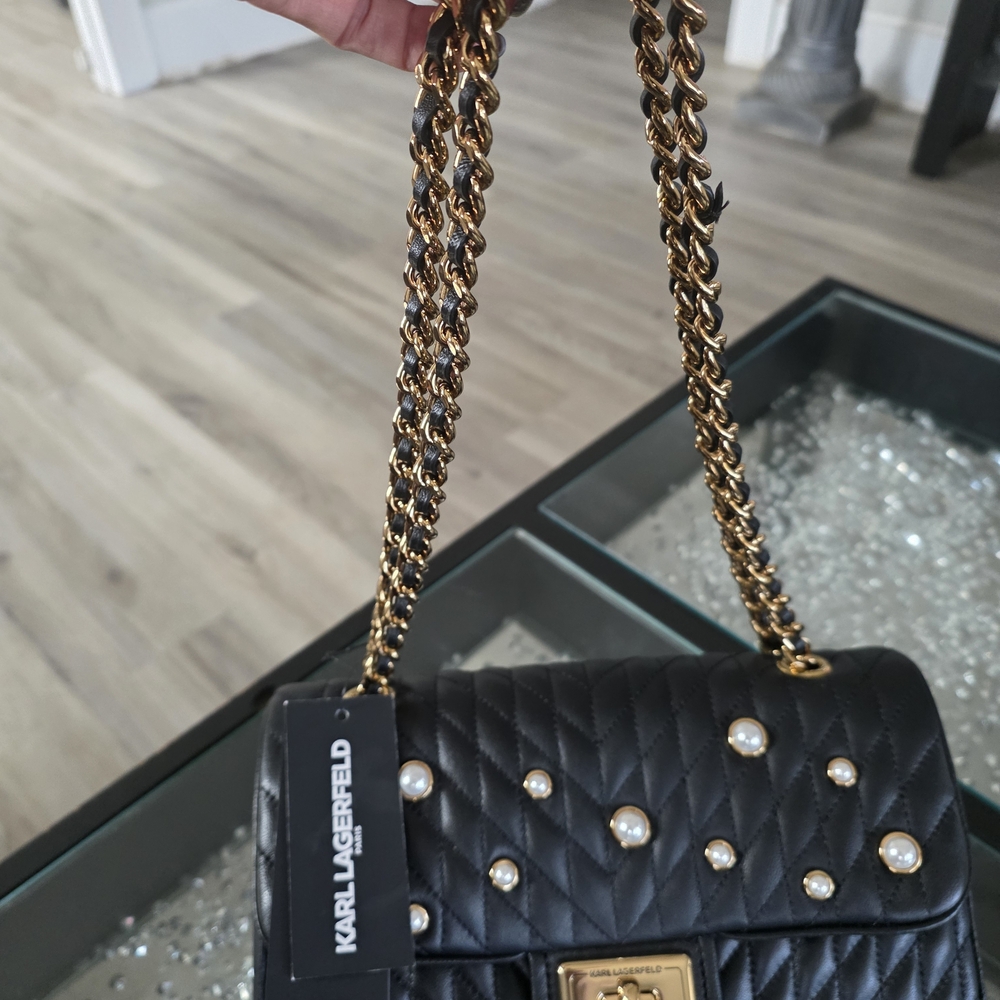 Karl Lagerfeld Black Quilted Shoulder Bag with Gold Chain and Pearl Accents - Picture 7 of 9